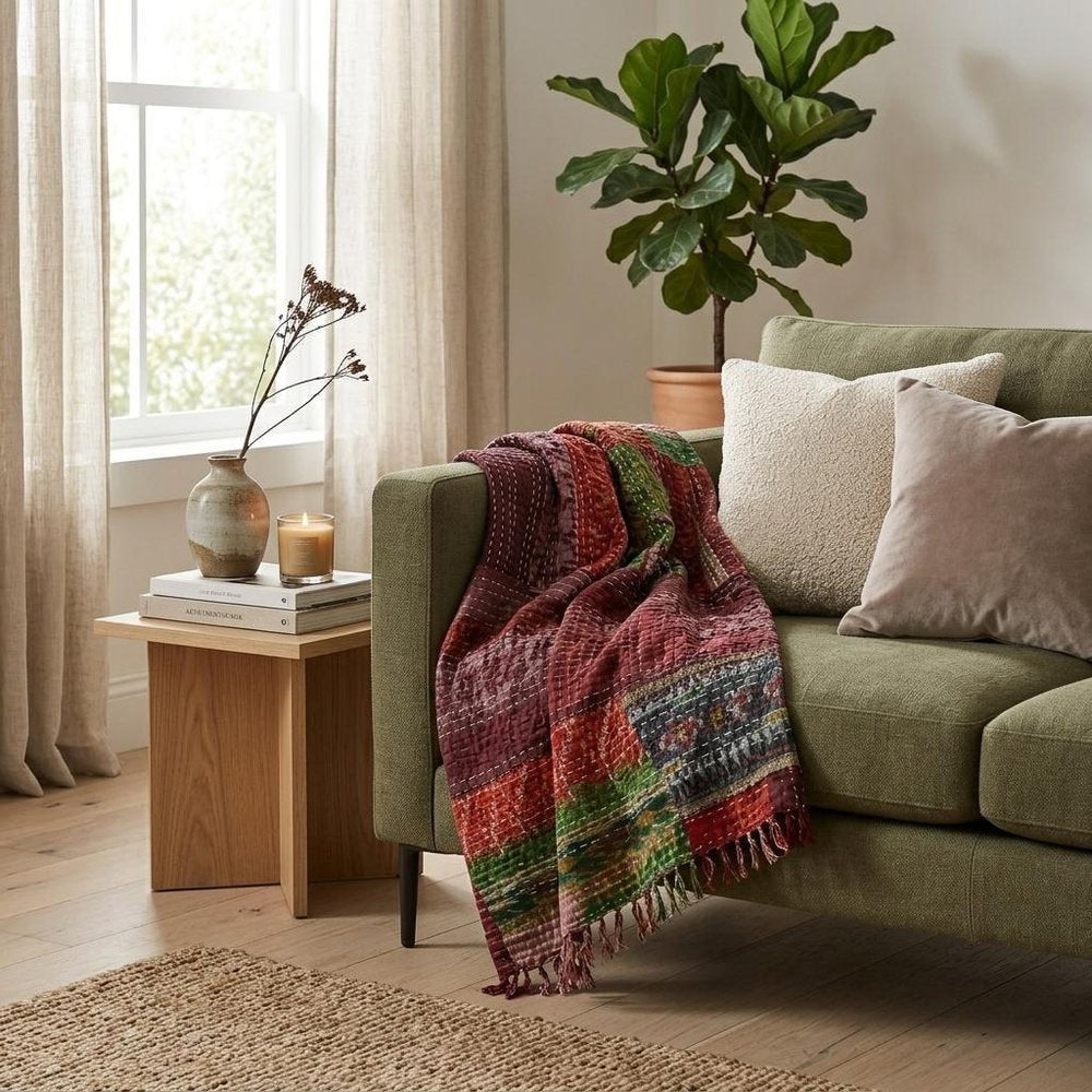 70" X 50" Red Kantha Silk Patchwork Throw Blanket with Embroidery — view 6