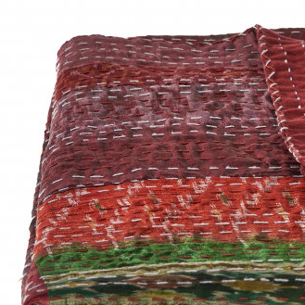 70" X 50" Red Kantha Silk Patchwork Throw Blanket with Embroidery HomeRoots