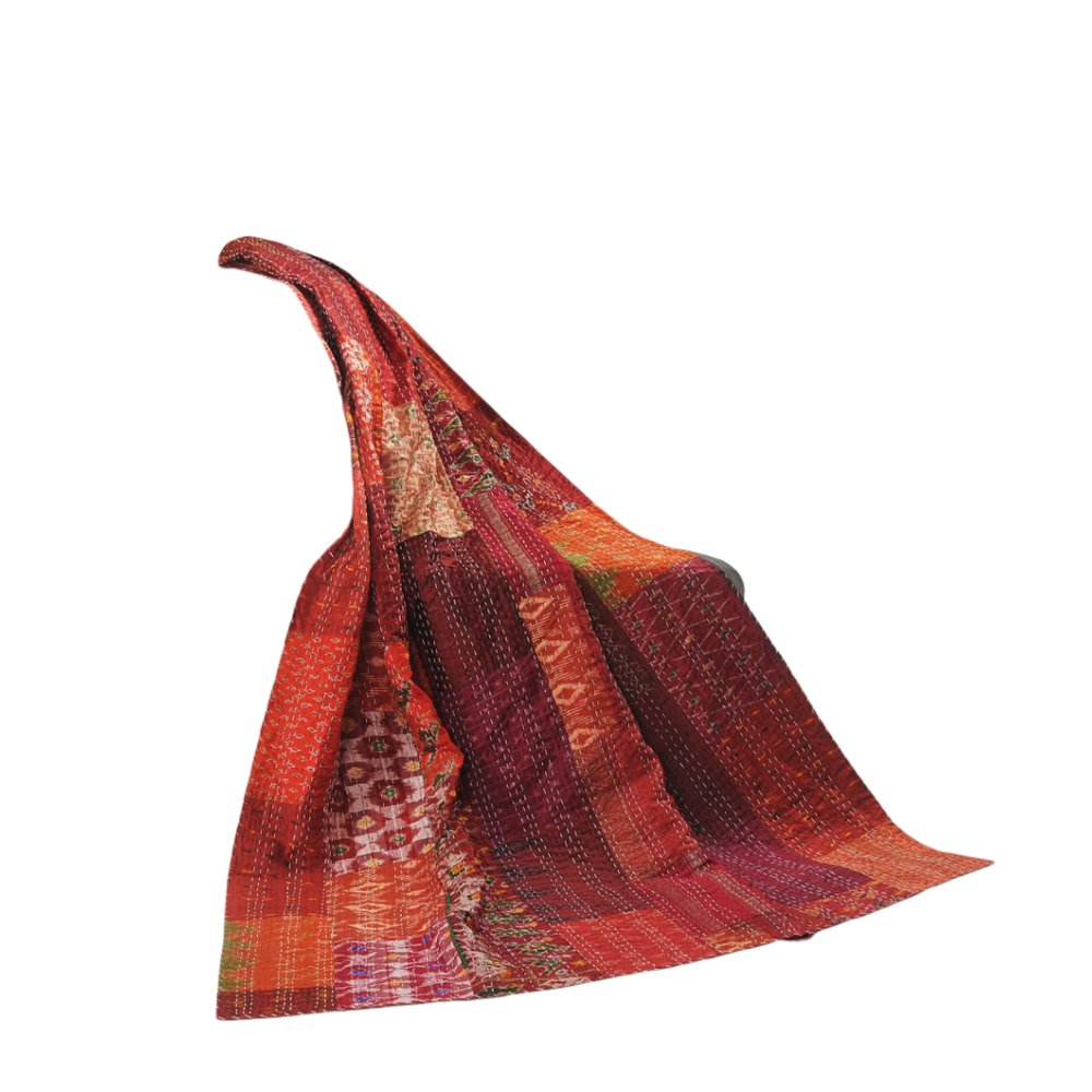 70" X 50" Red Kantha Silk Patchwork Throw Blanket with Embroidery HomeRoots