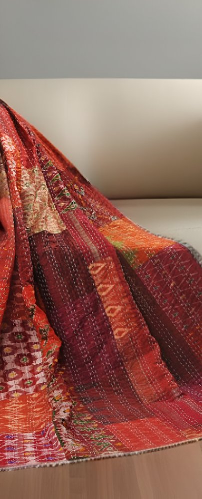 70" X 50" Red Kantha Silk Patchwork Throw Blanket with Embroidery HomeRoots
