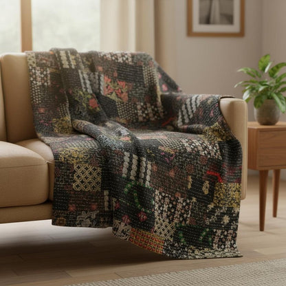 70" X 50" Black Kantha Cotton Patchwork Throw Blanket with Embroidery HomeRoots