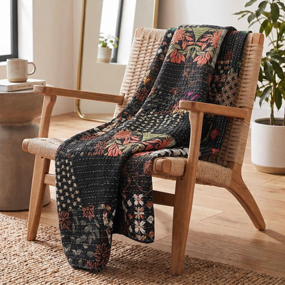70" X 50" Black Kantha Cotton Patchwork Throw Blanket with Embroidery HomeRoots