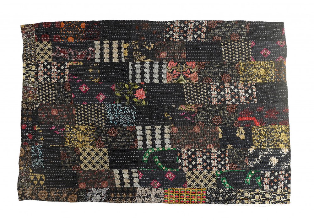 70" X 50" Black Kantha Cotton Patchwork Throw Blanket with Embroidery HomeRoots