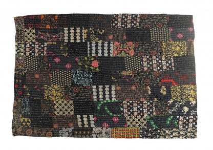70" X 50" Black Kantha Cotton Patchwork Throw Blanket with Embroidery HomeRoots