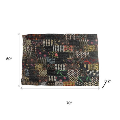 70" X 50" Black Kantha Cotton Patchwork Throw Blanket with Embroidery HomeRoots