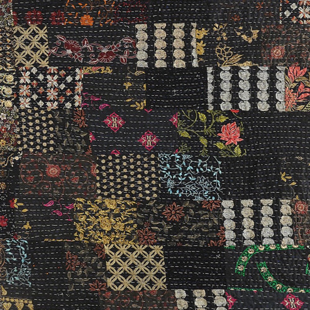 70" X 50" Black Kantha Cotton Patchwork Throw Blanket with Embroidery — view 1
