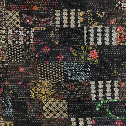 70" X 50" Black Kantha Cotton Patchwork Throw Blanket with Embroidery HomeRoots