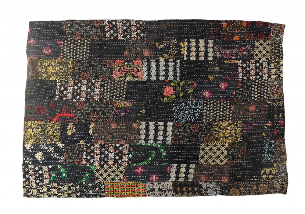 70" X 50" Black Kantha Cotton Patchwork Throw Blanket with Embroidery HomeRoots