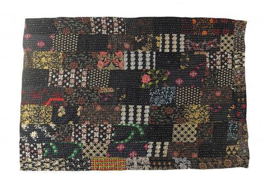 70" X 50" Black Kantha Cotton Patchwork Throw Blanket with Embroidery HomeRoots