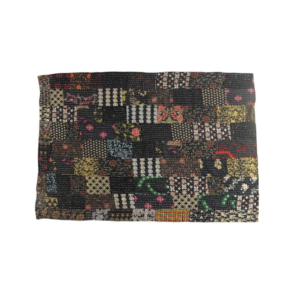 70" X 50" Black Kantha Cotton Patchwork Throw Blanket with Embroidery HomeRoots