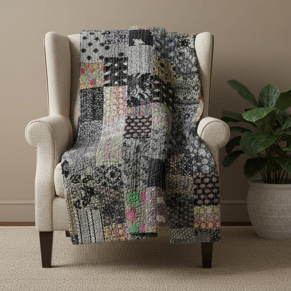 Gray Knitted Cotton Patchwork Throw Blanket HomeRoots