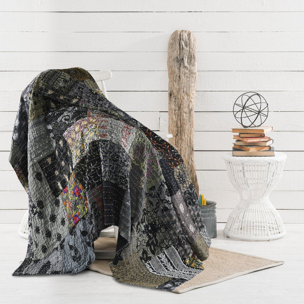 Gray Knitted Cotton Patchwork Throw Blanket HomeRoots