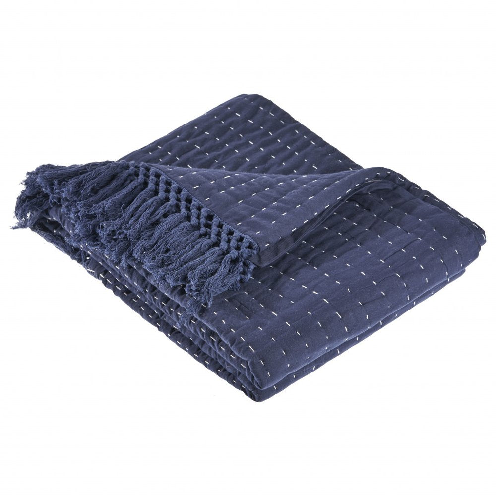 60" X 50" Blue Kantha Cotton Throw Blanket with Embroidery HomeRoots