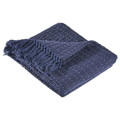 60" X 50" Blue Kantha Cotton Throw Blanket with Embroidery HomeRoots