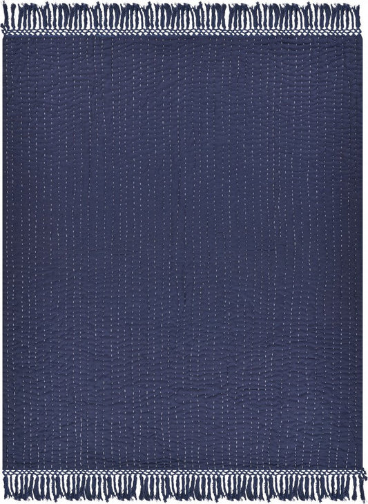 60" X 50" Blue Kantha Cotton Throw Blanket with Embroidery HomeRoots