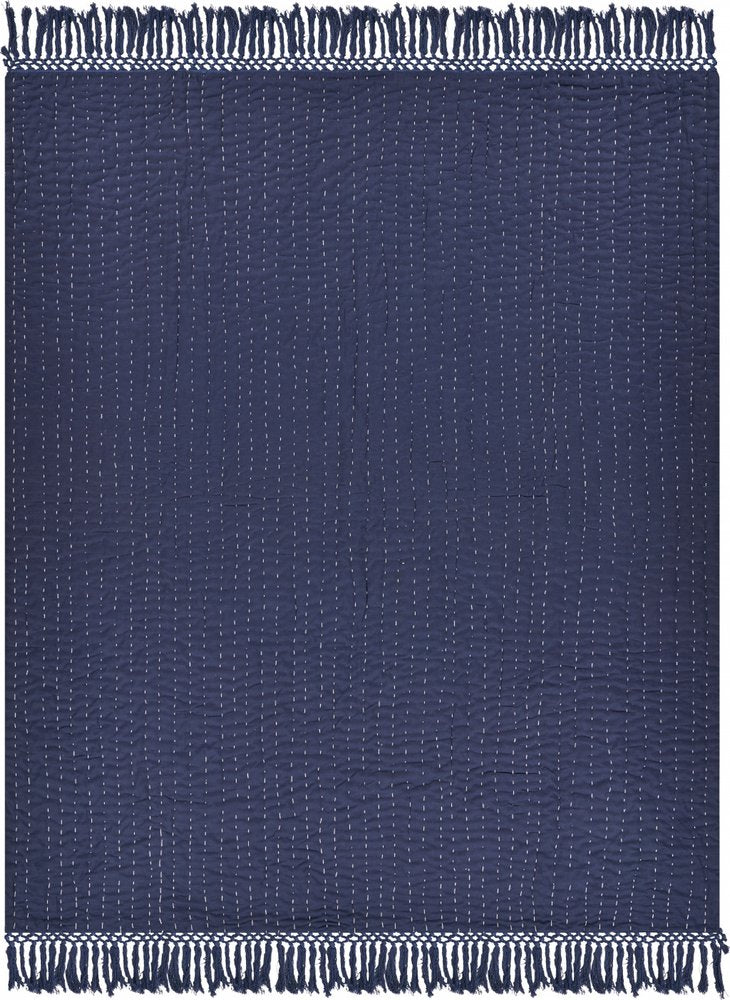 60" X 50" Blue Kantha Cotton Throw Blanket with Embroidery HomeRoots