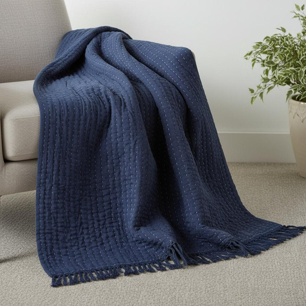 60" X 50" Blue Kantha Cotton Throw Blanket with Embroidery — view 6