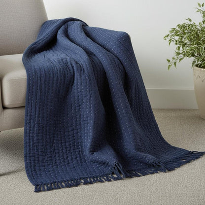 60" X 50" Blue Kantha Cotton Throw Blanket with Embroidery HomeRoots