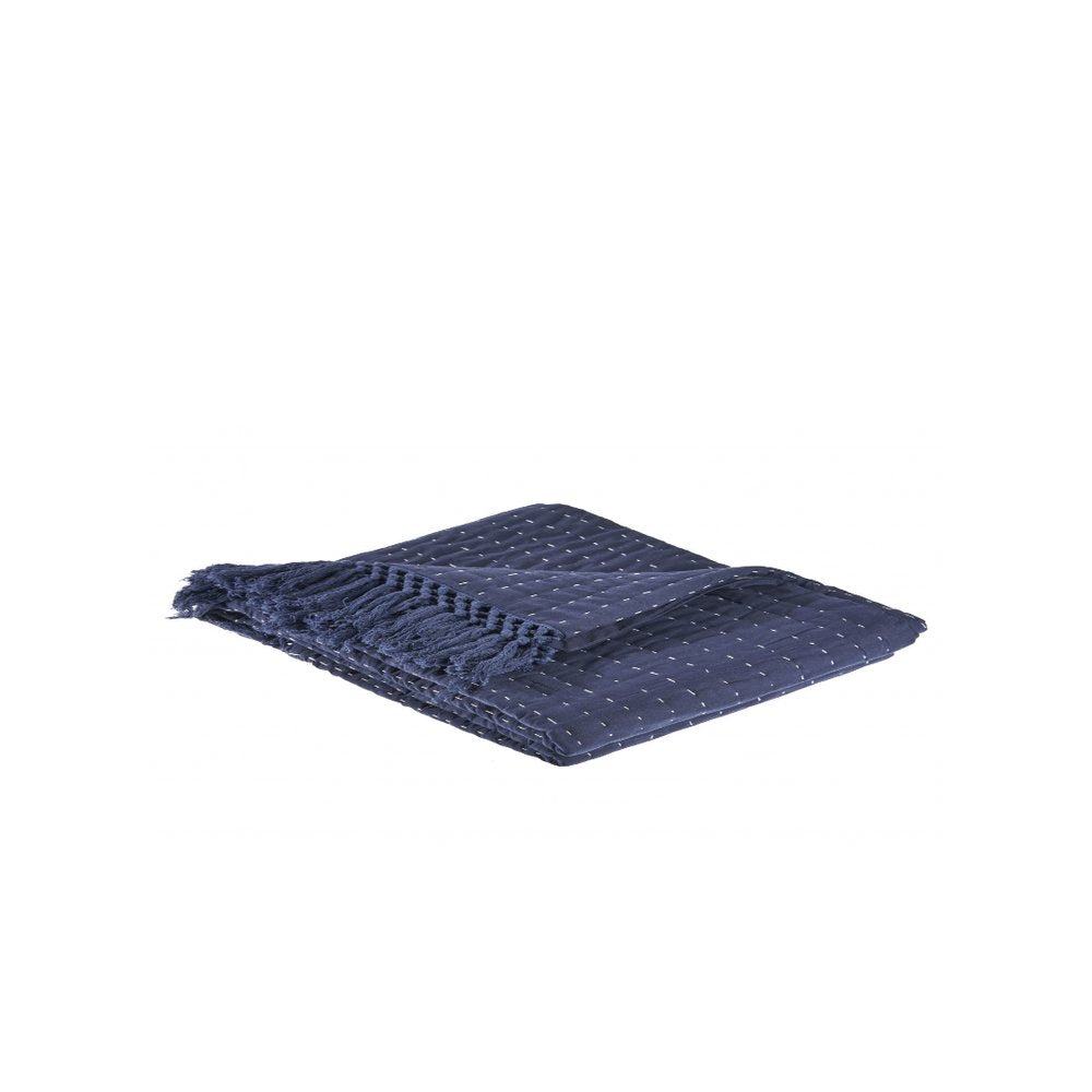 60" X 50" Blue Kantha Cotton Throw Blanket with Embroidery — view 4