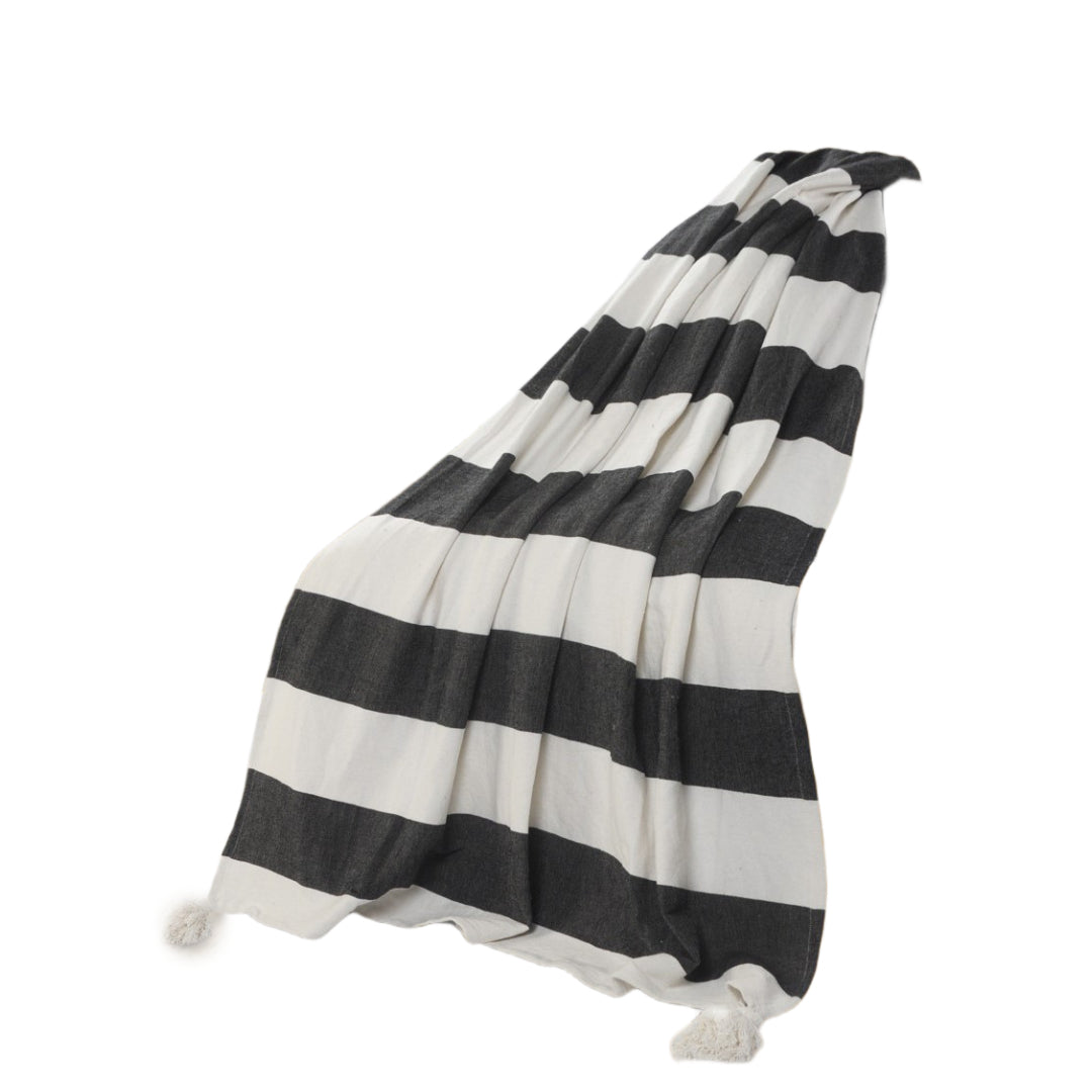 50" X 60" Gray and White Woven Cotton Striped Throw Blanket with Tassels