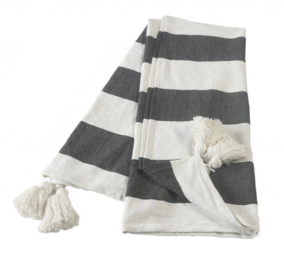 50" X 60" Gray and White Woven Cotton Striped Throw Blanket with Tassels HomeRoots