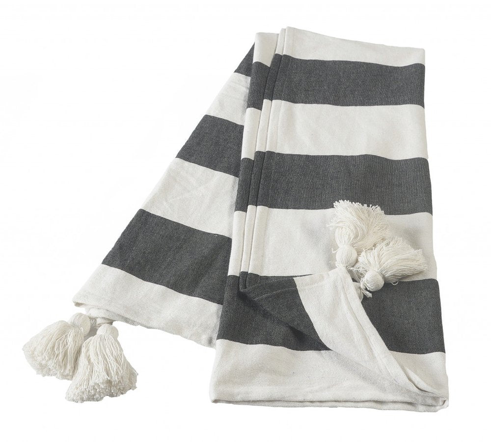 50" X 60" Blue and White Woven Cotton Striped Throw Blanket with Tassels — view 1