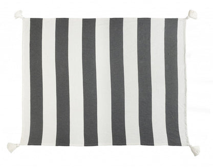50" X 60" Blue and White Woven Cotton Striped Throw Blanket with Tassels HomeRoots