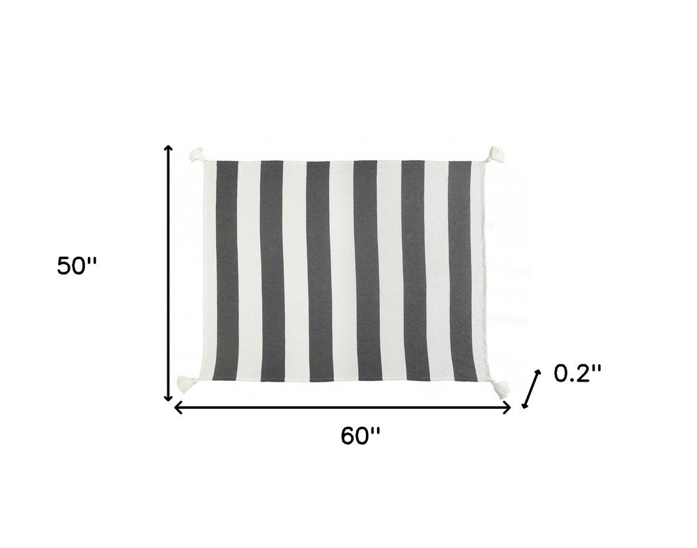 50" X 60" Blue and White Woven Cotton Striped Throw Blanket with Tassels — view 8