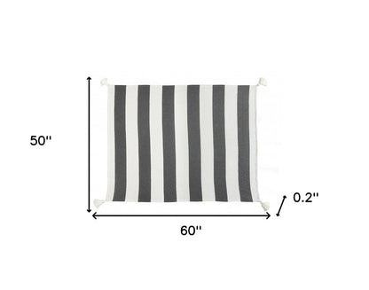 50" X 60" Blue and White Woven Cotton Striped Throw Blanket with Tassels HomeRoots