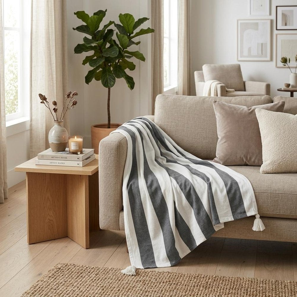 50" X 60" Blue and White Woven Cotton Striped Throw Blanket with Tassels — view 9