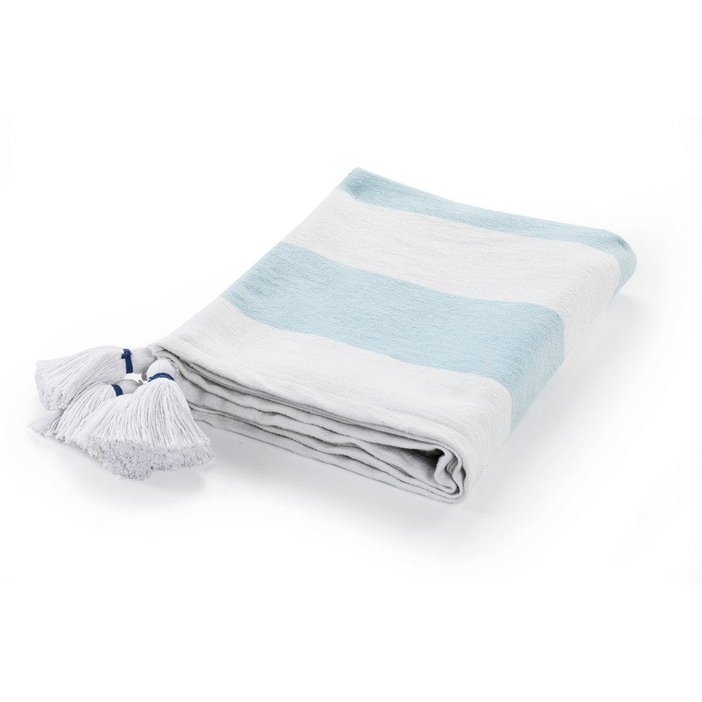 50" X 60" Blue and White Woven Cotton Striped Throw Blanket with Tassels HomeRoots