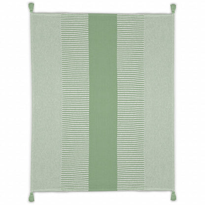 60" X 50" Green Woven Cotton Striped Throw Blanket with Tassels