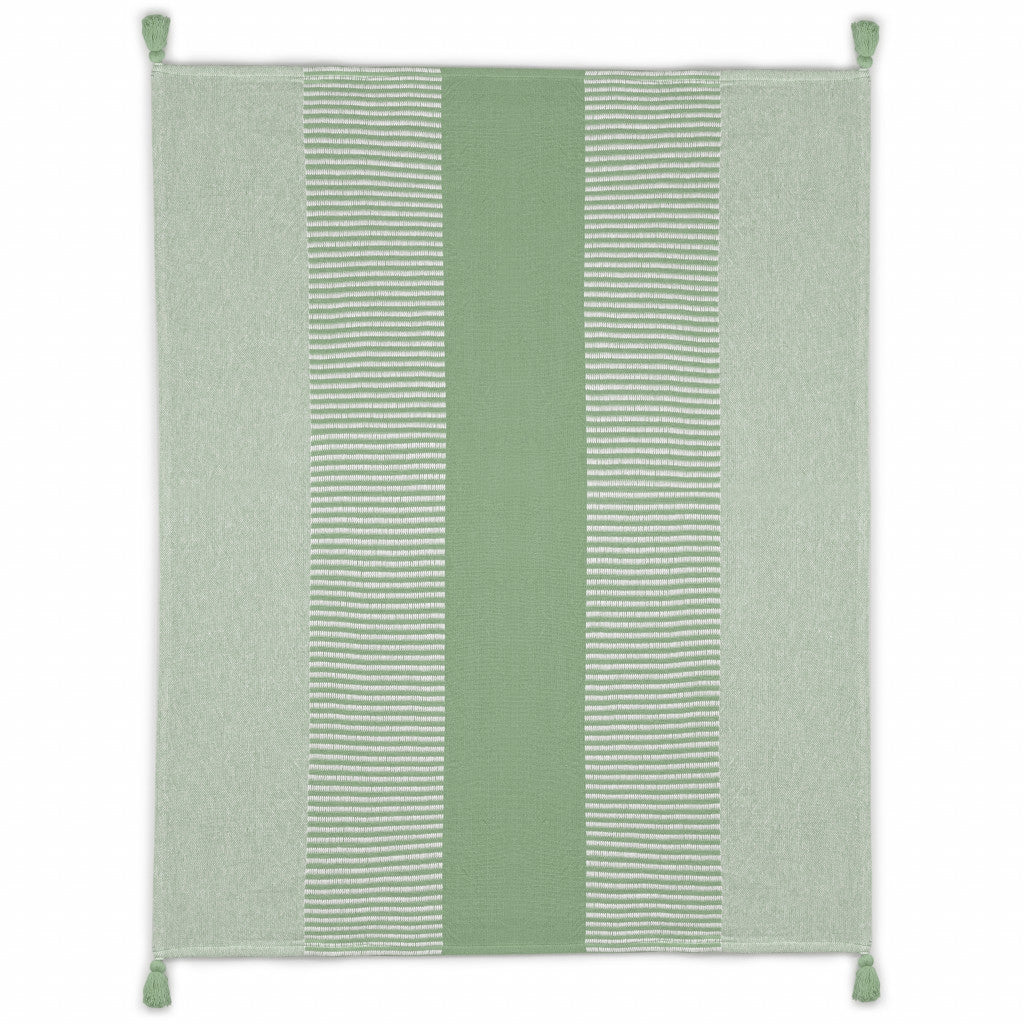 60" X 50" Green Woven Cotton Striped Throw Blanket with Tassels