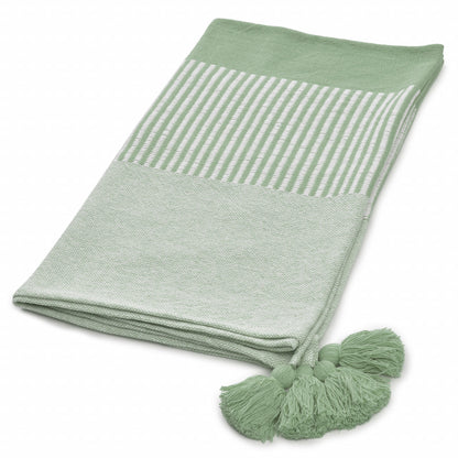 60" X 50" Green Woven Cotton Striped Throw Blanket with Tassels