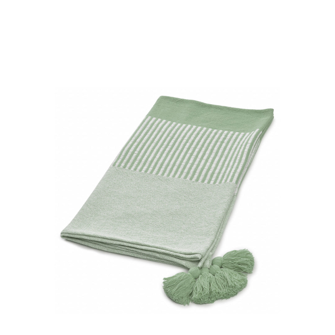 60" X 50" Green Woven Cotton Striped Throw Blanket with Tassels