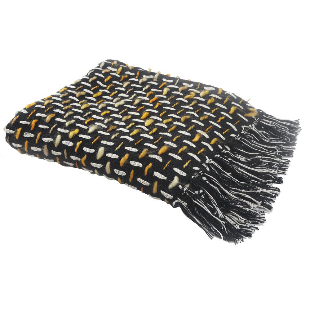 50" X 60" Black And Gold Geometric Cotton Woven Throw Blanket with Tassels HomeRoots