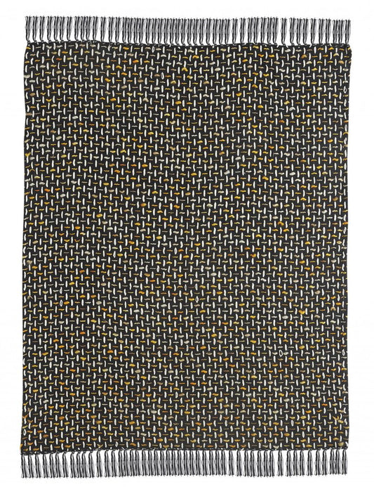 50" X 60" Black And Gold Geometric Cotton Woven Throw Blanket with Tassels HomeRoots