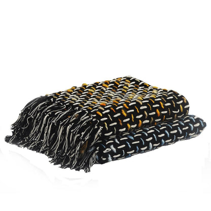 50" X 60" Black And Gold Geometric Cotton Woven Throw Blanket with Tassels HomeRoots