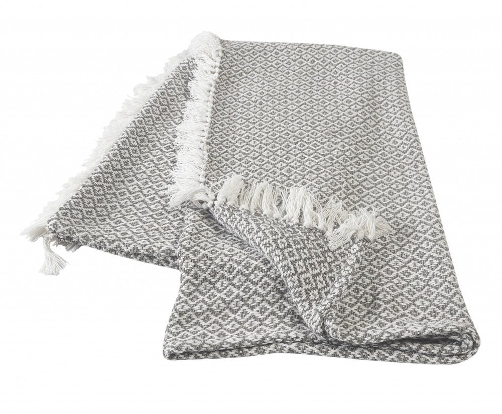 50" X 60" Gray and White Woven Cotton Geometric Throw Blanket with Fringe — view 1