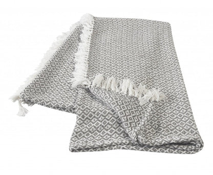 50" X 60" Gray and White Woven Cotton Geometric Throw Blanket with Fringe HomeRoots