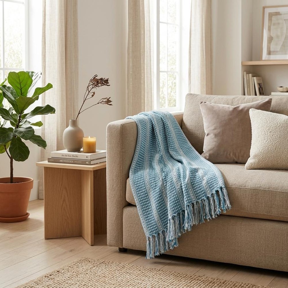 Blue and White Woven Cotton Striped Throw Blanket HomeRoots