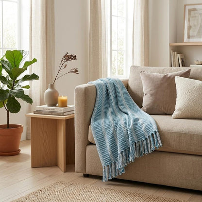 Blue and White Woven Cotton Striped Throw Blanket HomeRoots