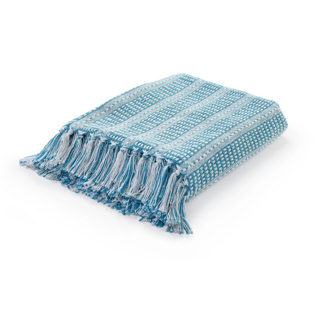 Blue and White Woven Cotton Striped Throw Blanket — view 1