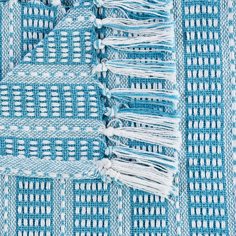 Blue and White Woven Cotton Striped Throw Blanket — view 2