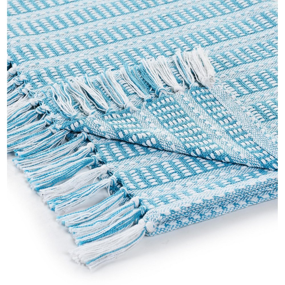 Blue and White Woven Cotton Striped Throw Blanket — view 4