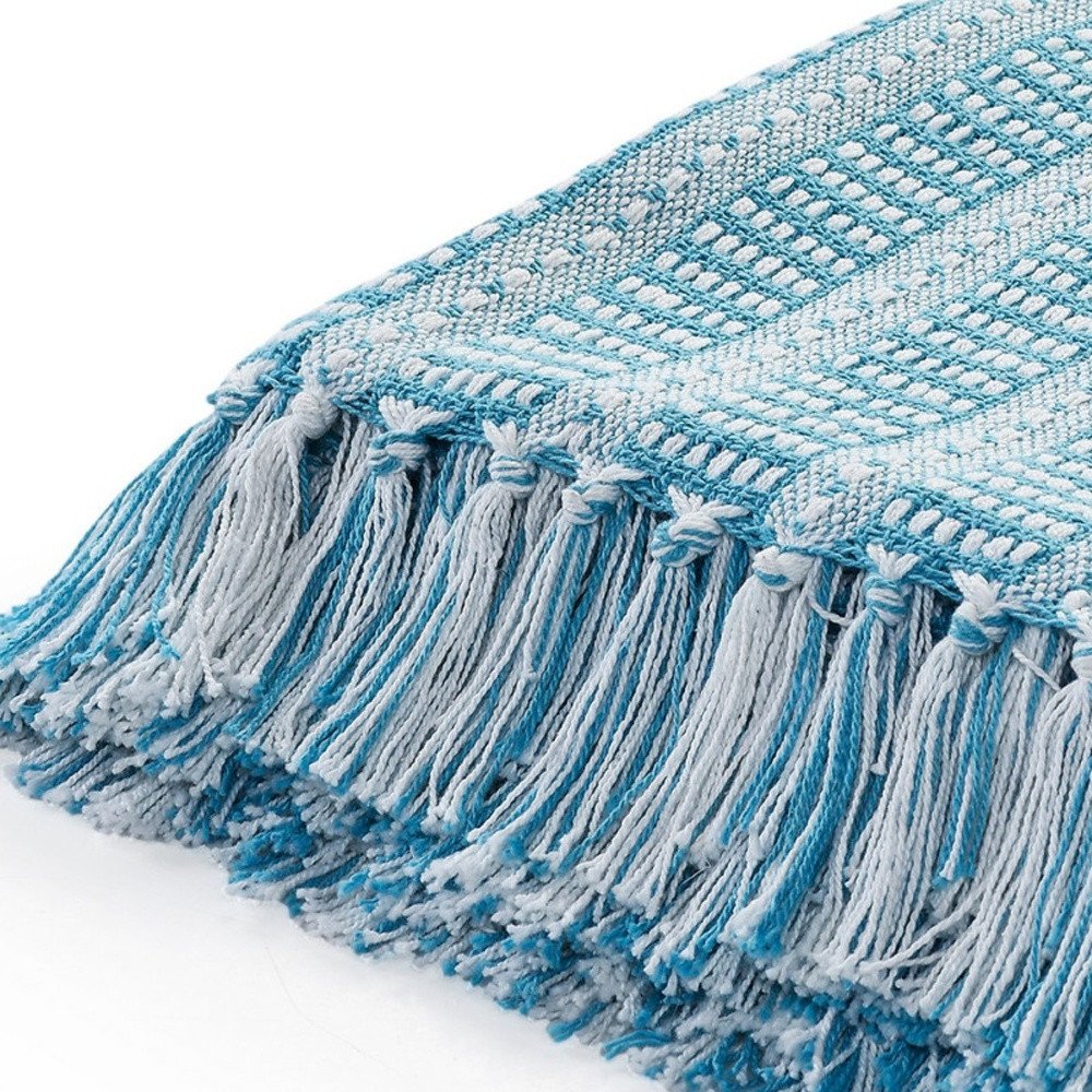 Blue and White Woven Cotton Striped Throw Blanket — view 8