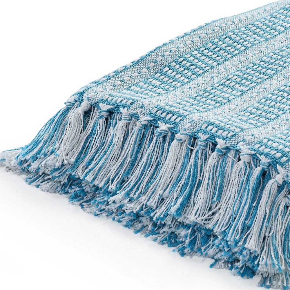 Blue and White Woven Cotton Striped Throw Blanket — view 9