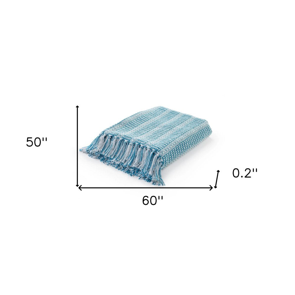 Blue and White Woven Cotton Striped Throw Blanket — view 10