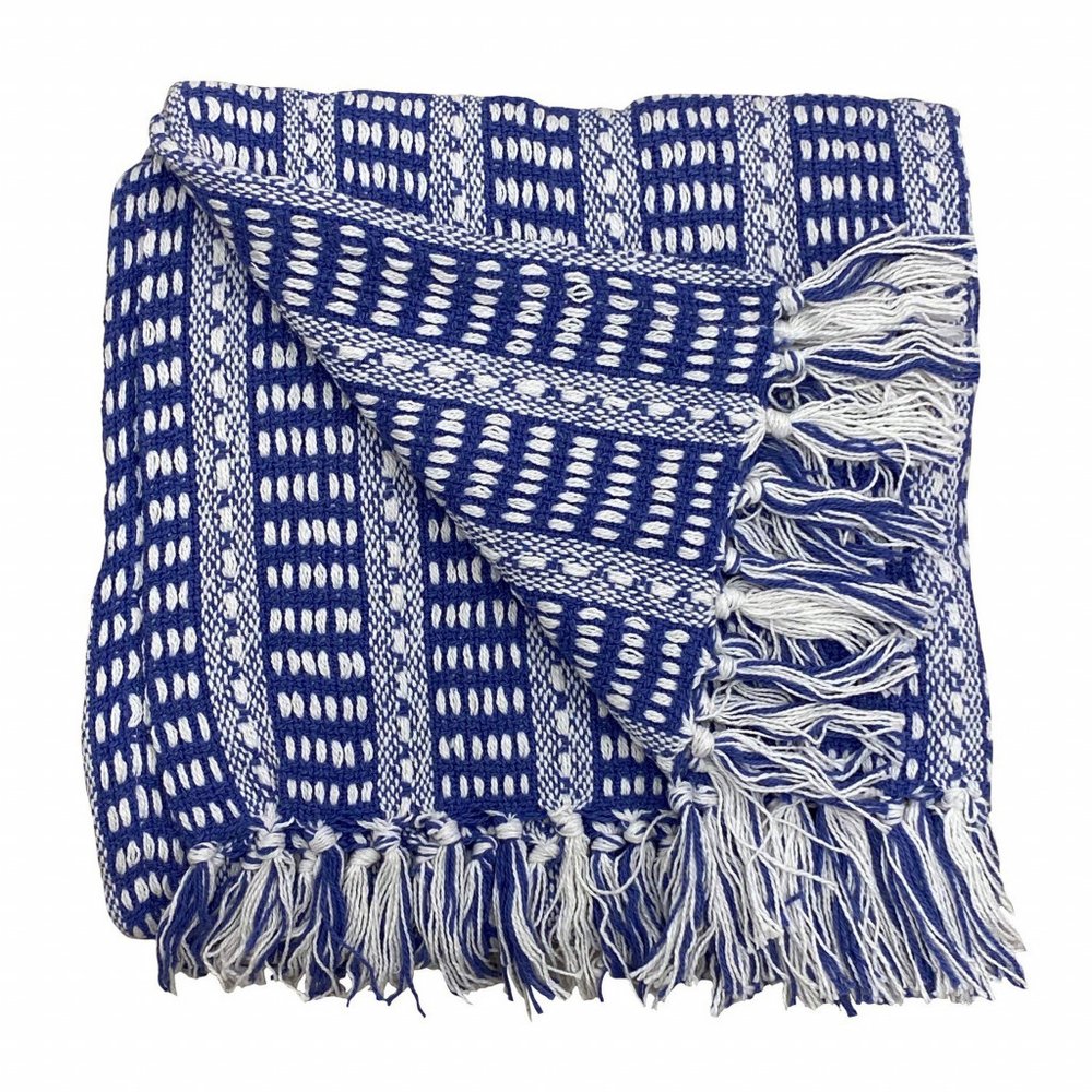 Blue and White Woven Cotton Striped Throw Blanket HomeRoots