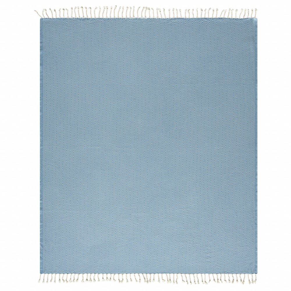50" X 60" Blue and White Woven Cotton Geometric Throw Blanket with Fringe HomeRoots